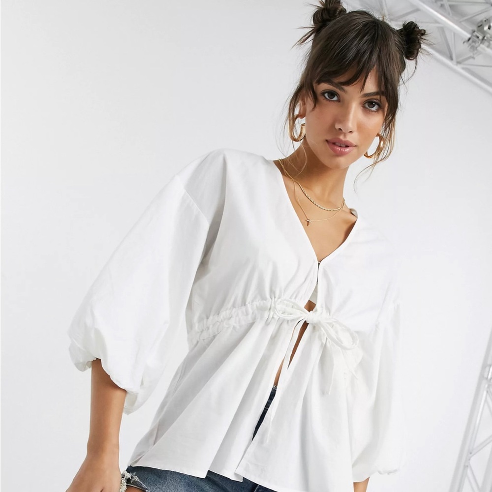 ASOS DESIGN tie waist kimono top with puff sleeves in ivory